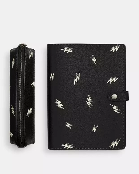 Gunmetal/Black Multi Boxed Notebook And Pencil Case Set With Lightning Bolt Print