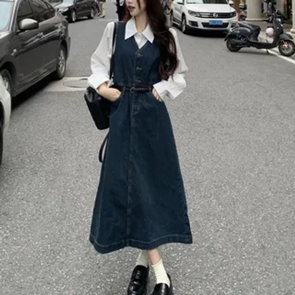 Long-Sleeve Plain Shirt / Denim Midi A-Line Overall Dress with Belt