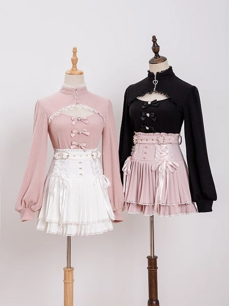[$39.00]Landmine-Style Pleated Skirt with Rhinestone Heart Buckle Belt & Lace-Up Details