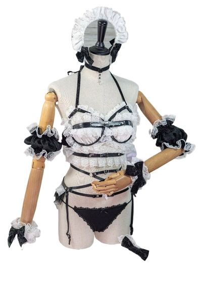 My Dress-Up Darling Marin Kitagawa Restraint Maid Cosplay Costume Black White Lace Harness Lingerie Outfit Cos Set for Women