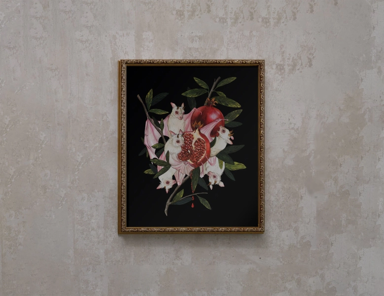 Albino Fruit Bats Pomegranate Dark Academia- Giclee Print from original hand-painting by Albino Jackrabbit