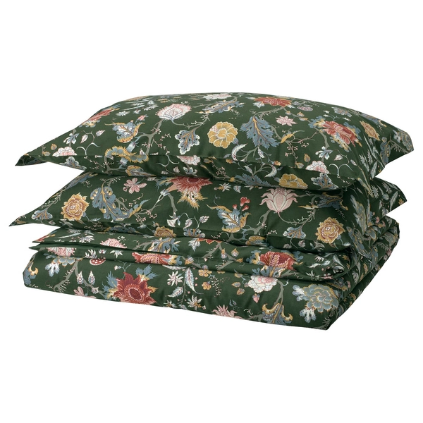 NÄSSELKLOCKA Duvet cover and 2 pillowcases - dark grey-green/multicolour 200x200/50x80 cm