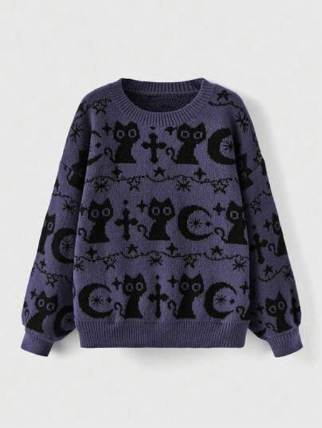 ROMWE Goth Plus Size Women Cross & Cat Graphic Casual Pullover Sweater, Autumn/Winter