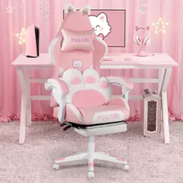 PUKAMI Pu Leather Cutecore Ergonomic Recliner Gaming Chair for Teens - Pink, Modern Cat Ear Design, Cat Paw Cushion, Footrest, Headrest Pillow, Linked Arms, High-Density Foam, Gaming Chair Fabric, 20min Selfbuild, 250 – 299 Lb Indoor Furniture