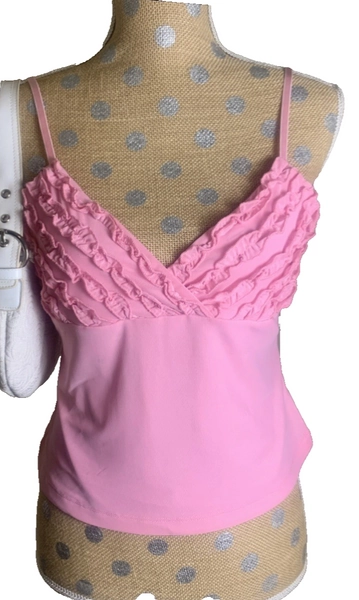 Y2k JP Pink Ballet Coquette Cami Top Sheer Fairy Cami Top Mesh Ruffles Large