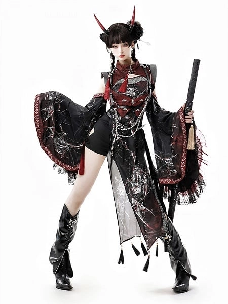 Black & Red Asymmetrical Dress with Chest - cutout Corset Vest