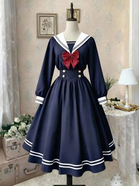 Sweetra Casual Dress, Waist Cinched A-Line Colorblock Long Sleeve Dress, Suitable For Back To School Season Modest Dress