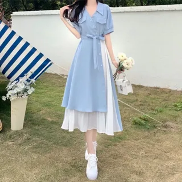 Short-Sleeve Collared Midi A-Line Dress