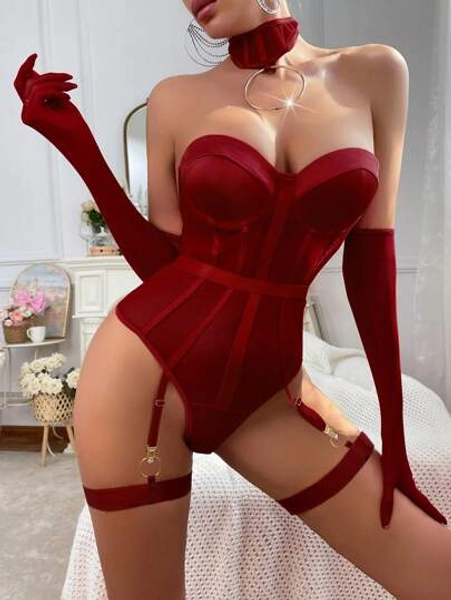 Myrelith 6pcs Red Elegant Women's Bodysuit Set For Going Out