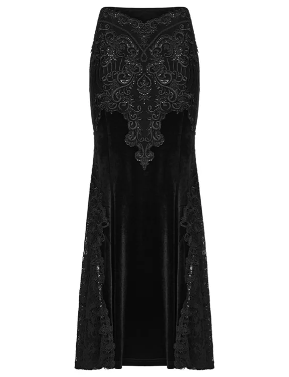 Black Gothic Sequin Embroidered Lace Velvet Fishtail Skirt - Devilnight.co.uk