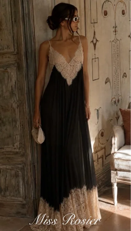 Esme Black Ruffled Maxi Dress with Lace Trim