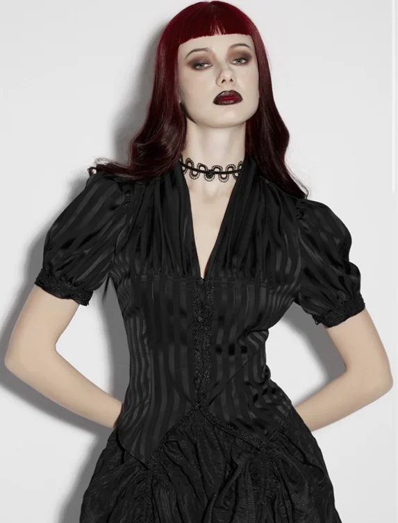 Black Gothic Striped V-neck Short Puff Sleeve Shirt for Women - Devilnight.co.uk