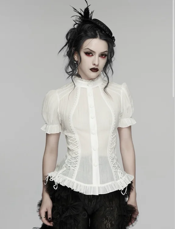 White Gothic Classical Ruffle Short Sleeve Shirt for Women - Devilnight.co.uk