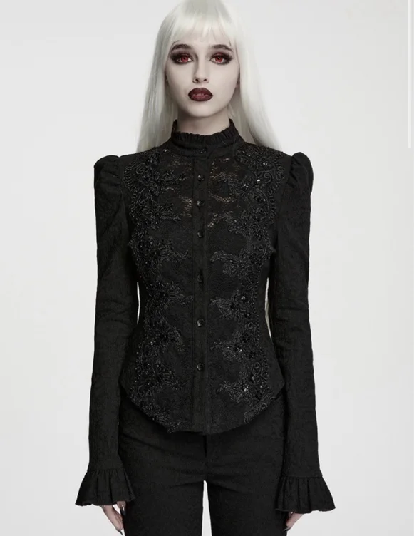 Black Gothic Gorgeous Sequin Embroidery Shirt for Women - Devilnight.co.uk