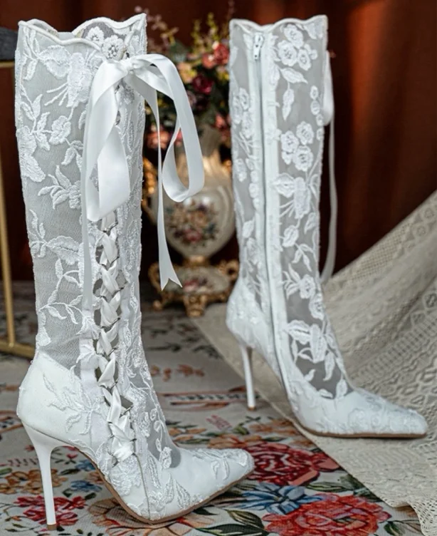 White Victorian Lace Pointed Toe Stiletto Knee High Boots - Devilnight.co.uk