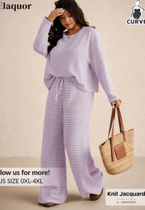 Striped Round Neck Drop Shoulder Long Sleeve T-Shirt And Waist Tie Long Pants