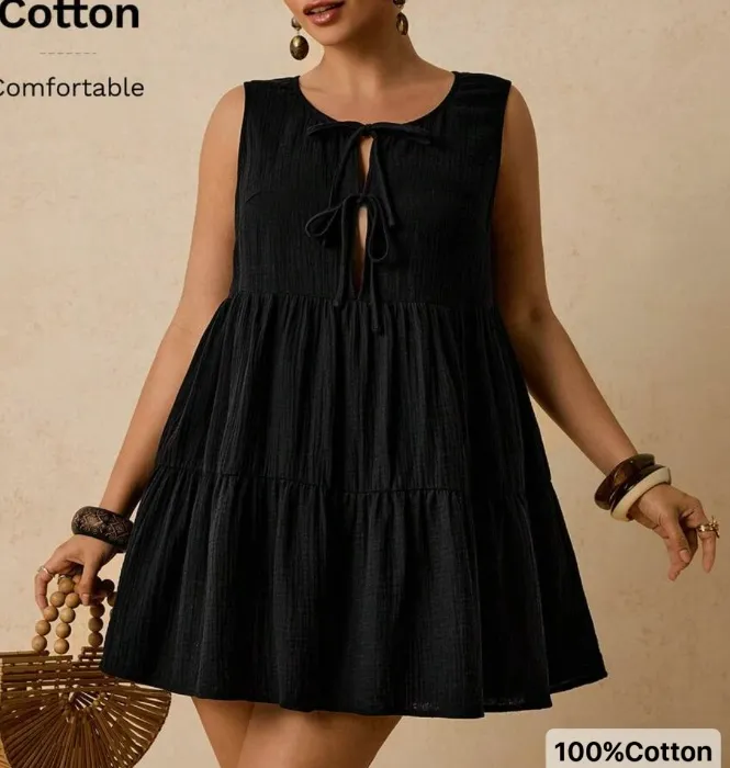 Casual Versatile Black Cotton Tie Front Bow Sleeveless Mini Dress