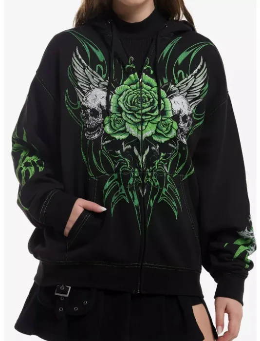 Social Collision Black & Lime Green Skull Cyber Girls Hoodie