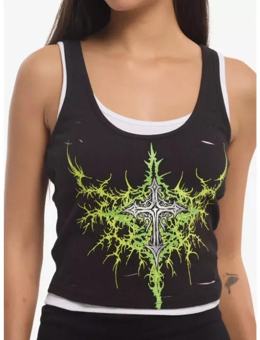 Social Collision Black & Green Cyber Cross Girls Twofer Tank Top