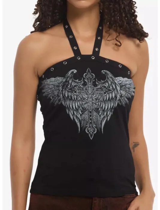 Social Collision Winged Cross Grommet Girls Halter Top