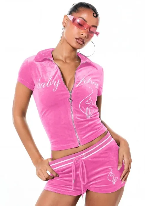 BABYPHAT Velour Zip-Up Collared Crop Top