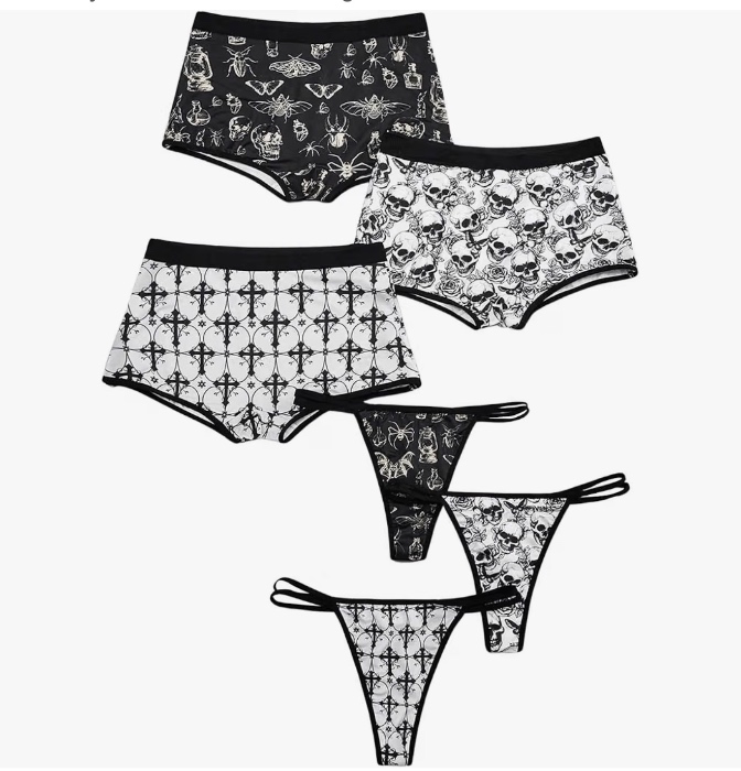 WDIRARA Women's 6 Piece Goth Graphic Print Underwear Briefs Cheeky Mid Rise Panties Thongs - Small - Black