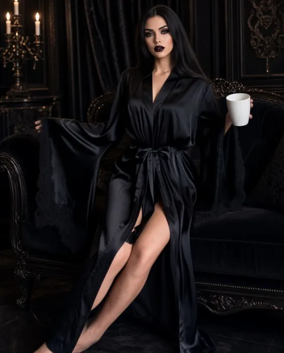 Black Satin Kimono Robe with Lace Detail