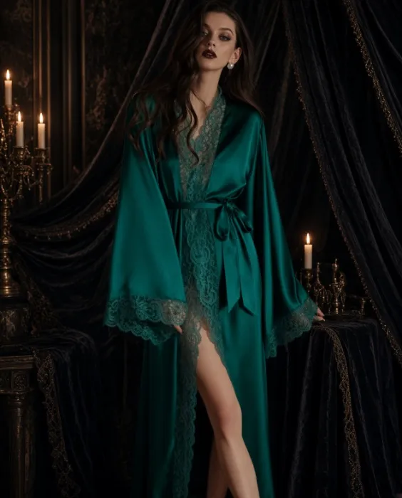 Emerald Green Satin Robe with Bell Sleeves & Lace Trim