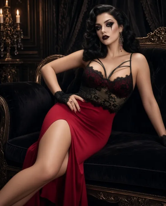 Red Satin Midi Slip with Black Lace Detail