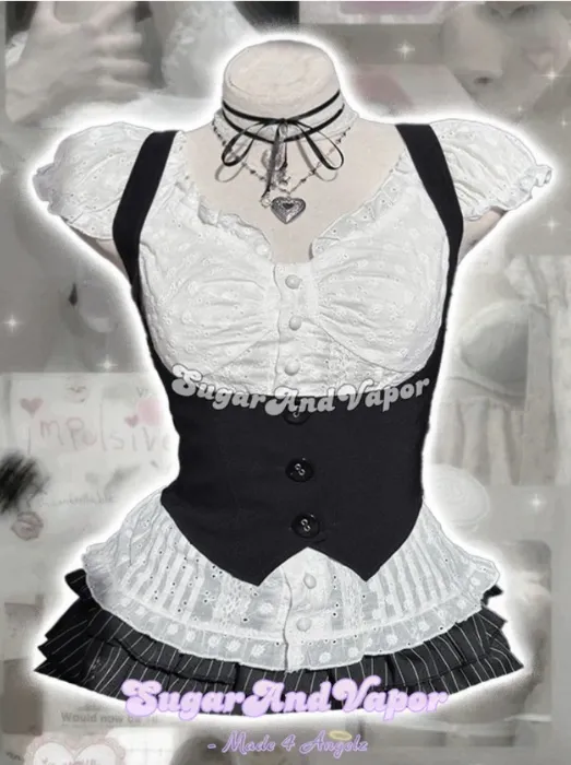 Marcelline Black Vest & Oveline White Blouse Top Set | Black+White / M / I NEED SET