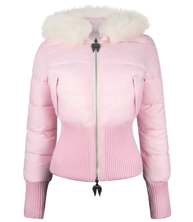 FALLEN FAUX FUR REVERSIBLE RIB PUFFER JACKET BABY PINK AND WHITE