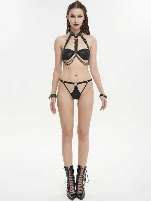 Black Gothic Punk Metal Loop Two-Piece Lingerie Set - Devilnight.co.uk