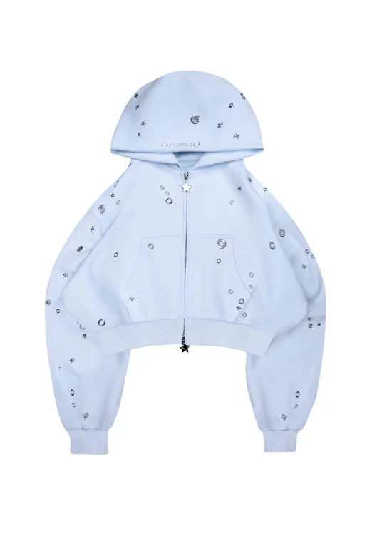 NAMED COLLECTIVE | GLITCH EYELET CROP ZIP HOODIE BABY BLUE