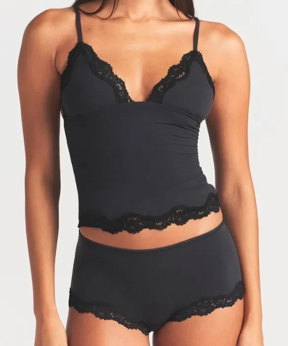 Black Triangle Lace Trimmed Cami Boy Short Set
