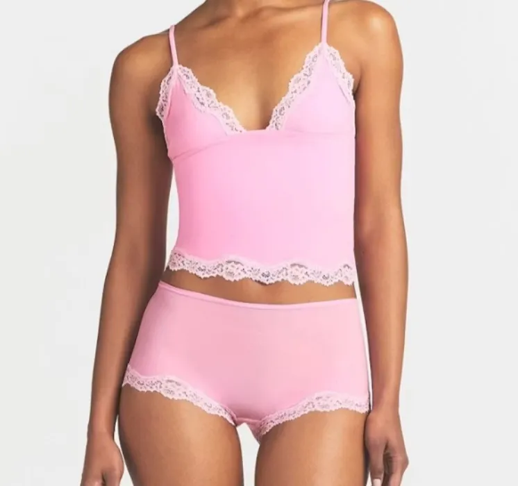 Pink Triangle Lace Trimmed Cami Boy Short Set
