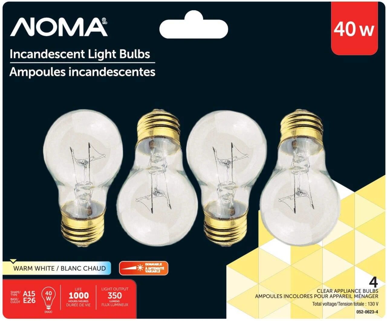NOMA A15 E26, Dimmable Incandescent Light Bulbs, 350 Lumens, Warm White, 40W, 4-pk