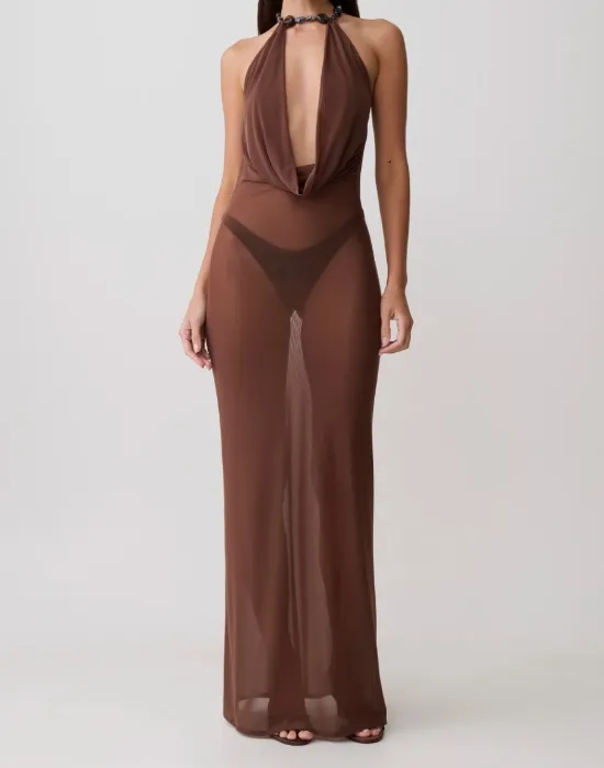 Cowl Neck Beaded Maxi Dress