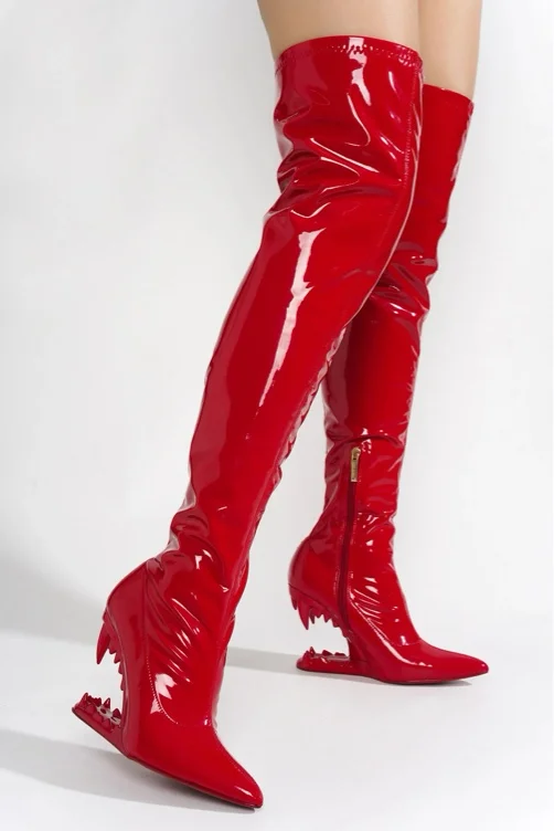 BAKU patent thigh-high boots