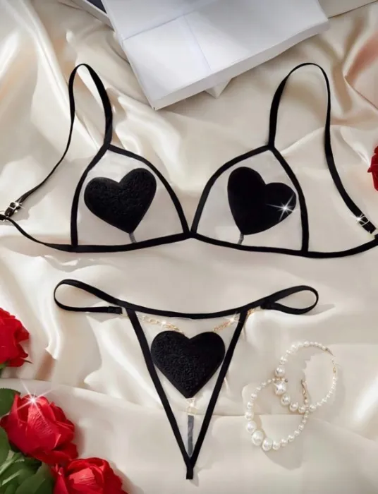 Black sexy lingerie set with hearts