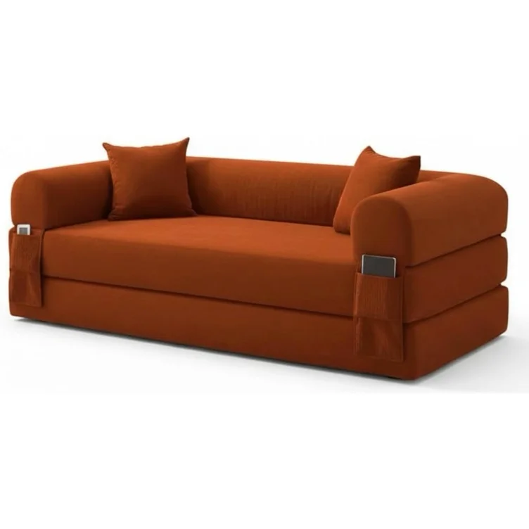 80" Convertible Sofa Bed, 3-in-1 Corduroy Folding Pull Out Couch with Pillows, No Assembly Modern Boneless Couch Compression Sofa in Box, Floor Sofa with Side Storage Pocket for Living Room, Orange - Orange - 8025