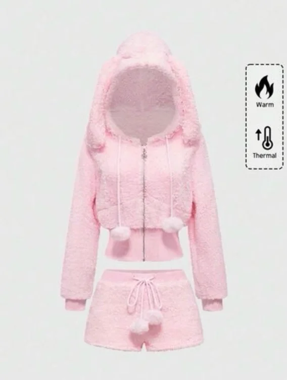 Autumn/Winter Kawaii Lace & Plush Patchwork Rabbit Ear Hoodie And Fluffy Shorts 
