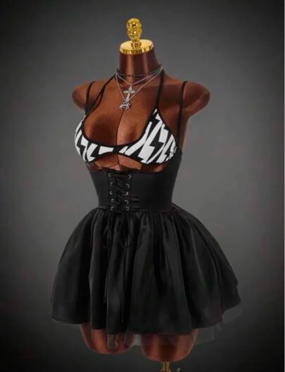 Black Women Printed 2pcs Set Top Corset Dress Y2k Dress Gothic Summer Clothes Night Club Dress