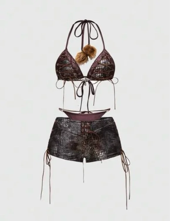  Lace-Up Faux Fur Bikini Set For Women