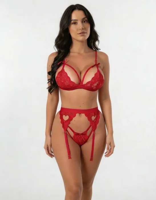 Valentine's Lace Bra Suspender Belt And Thong Set | Red