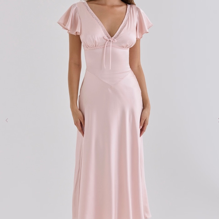 Ravella Pink Real Silk V-Neck Midi Tea Dress