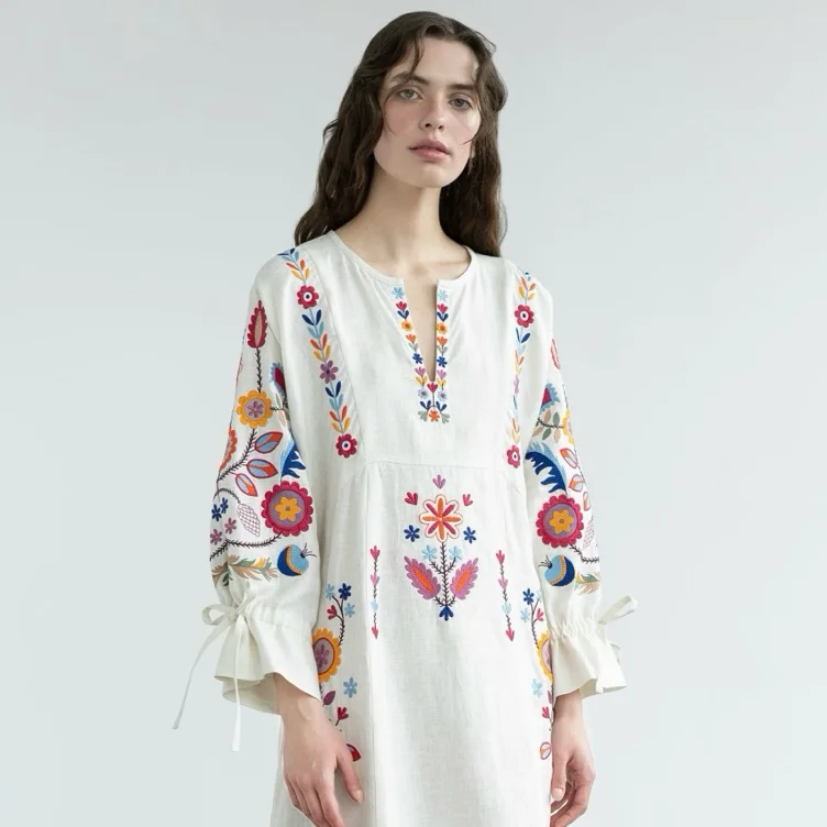 WHITE LINEN DRESS WITH FLORAL EMBROIDERY SOBACHKO