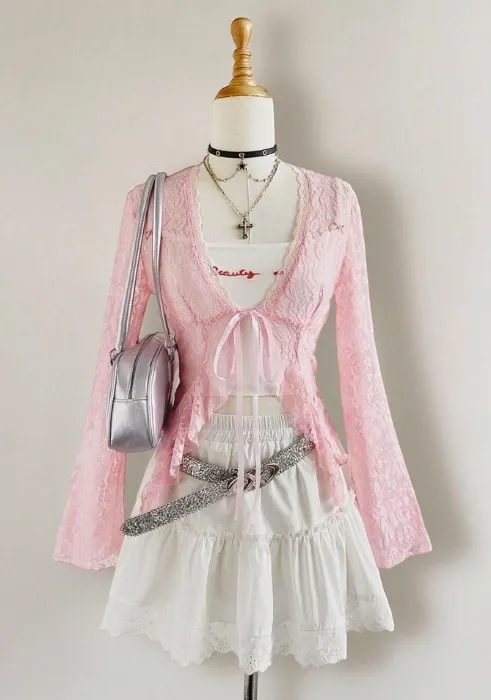 Sheer Pink Lace Cardigan with Bell Sleeves