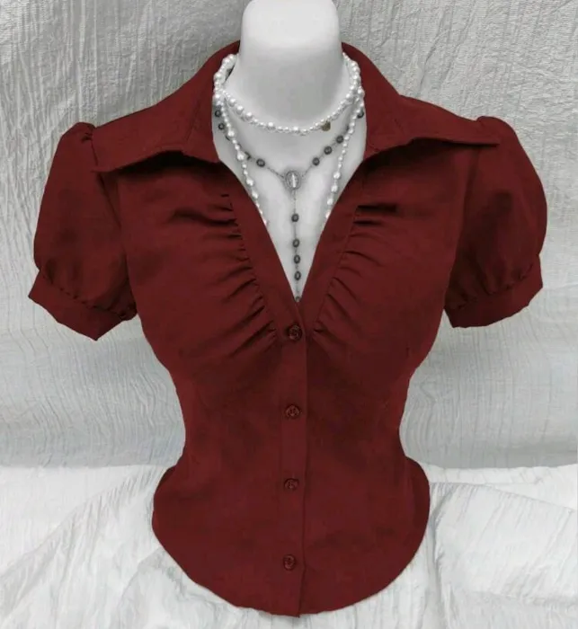 Flirla V-Neck Ruched Cut-Out Women's Waist Short Sleeve Blouse, Fashionable Office Women Shirt