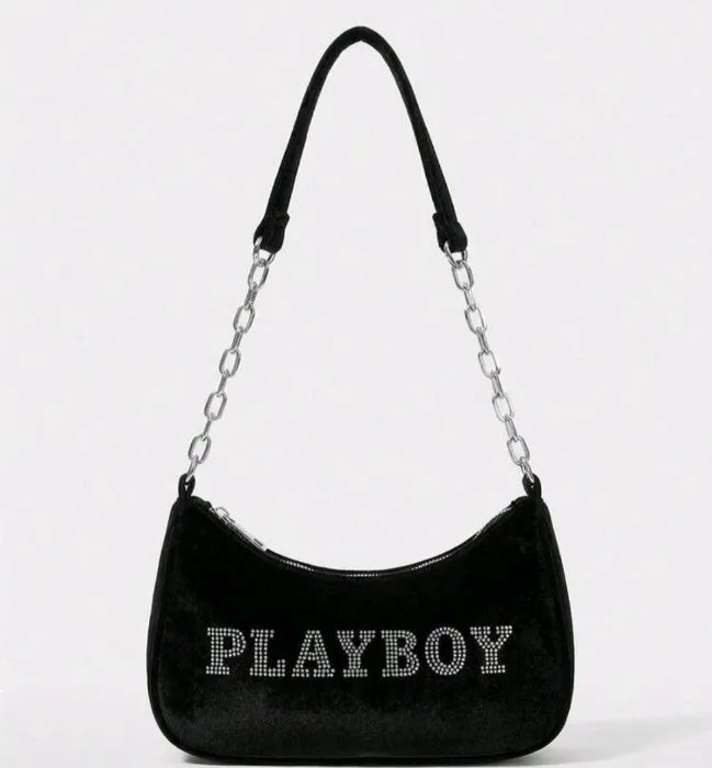 Missguided x Playboy Rhinestone Embellished Hobo Shoulder Bag With Chain Strap And Logo Text For Evening Party Occasions Fashion Accessory