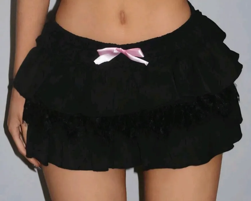 EgrlEra Women's Solid Color Simple Daily Wear Skirt With Color-Contrasting Bow Decoration Y2K Mini Skirt